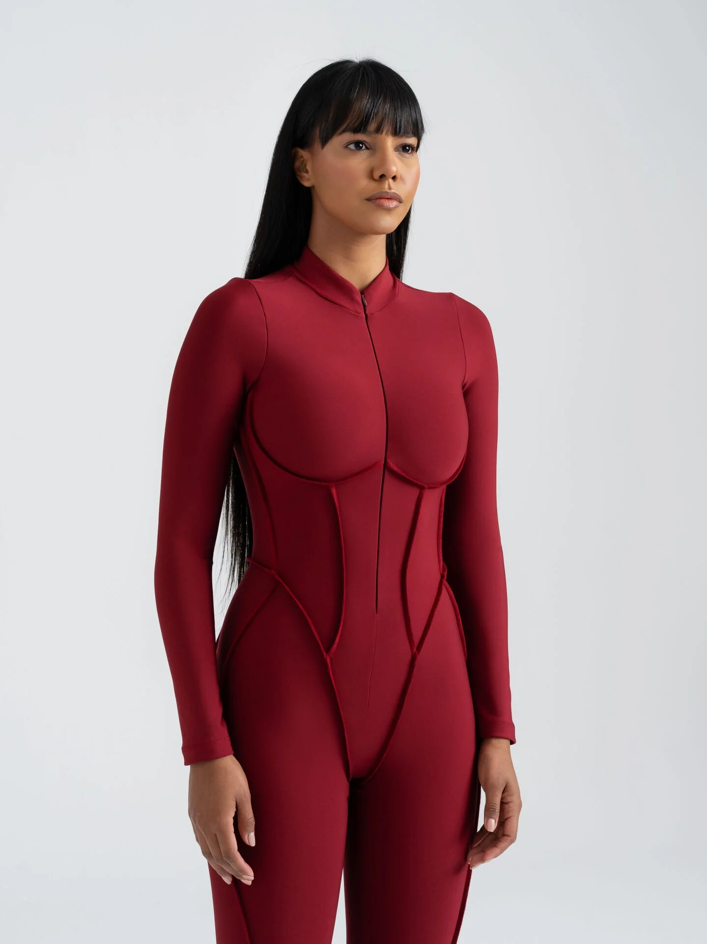 Dikişle Modellenmiş Spor Tayt Tulum Bordo