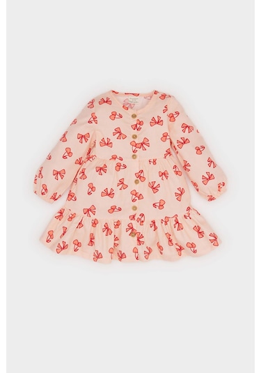 DeFacto Kız Bebek Fiyonk Desenli Uzun Kollu Twill Elbise D9564A525SPPN212 Pembe