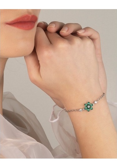 925 Ayar Gümüş Yeşil Bahar Çiçeği Kolye Ve Bileklik Kombin