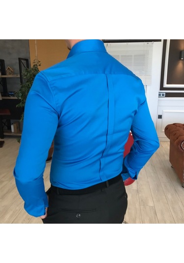 Italyan Stil Slim Fit Dik Yaka Saten Erkek Gömlek Saks T4744 Saks