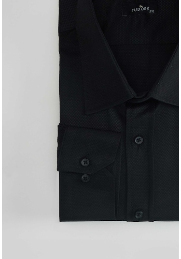Tudors Büyük Beden Kolay Ütü Kravatlık Armürlü Pamuklu Erkek Gömlek-31398-siyah Siyah