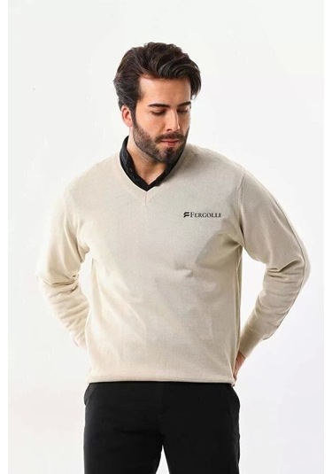 Baskılı V Yaka Uzun Kol Dokuma Triko - Bej Bej