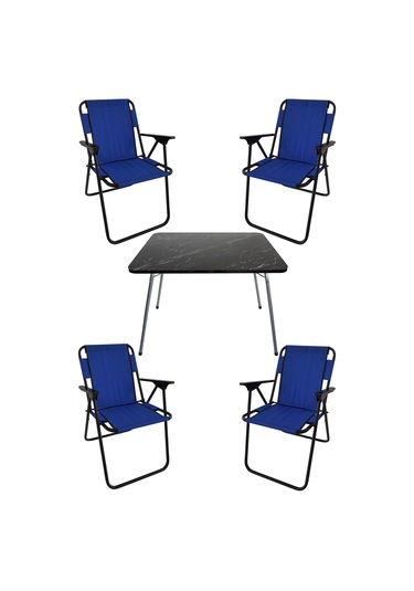 Bofigo 60X80 Granit Desenli Katlanır Masa + 4 Adet Katlanır Sandalye Kamp Seti Bahçe Takımı Mavi