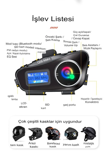 Q58-max Radyolu 2 Kişi Bağlantılı Bluetooth Kask Kulaklık Ekranlı