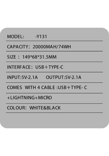 Plentiful 20000 Mah Powerbank 4 İn 1. Kendinden Çoklu Kablo Girişli Beyaz BEYAZ