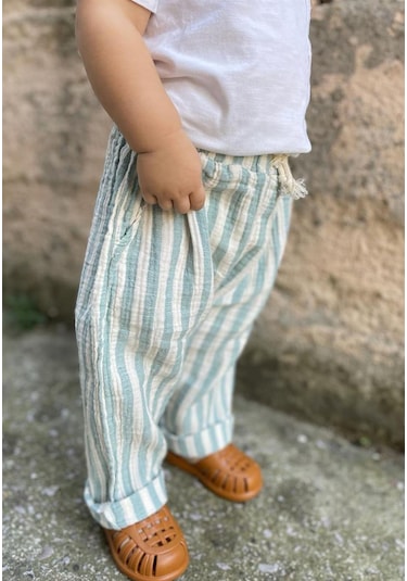 Cigit Müslin Pantolon 1-10 Yaş Yeşil Çizgili Yeşil