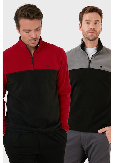 Buratti Regular Fit Anti-Pilling Tüylenme Yapmayan Dik Yaka Şardonlu 2'Li Paket Erkek Polar 5906016S2 Bordo-Gri Siyah