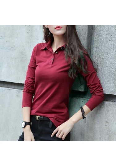 Düğme T Gömlek Kadın Sonbahar Üstleri Dönüş Yaka Ince Pamuklu Tişört Kadın Uzun Kollu Kadın Giysileri Tee Gömlek Femme Kırmızı