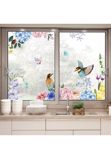 Geeksen Renkli Pvc Kuş Ve Çiçek Desenli Duvar Sticker - Ev Dekorasyonu, Kusurlu Duvarları Gizle, Kolay Uygulama 94x110cm Çok Renkli
