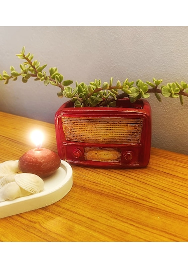 Artepieza Retro Radyo Sukulent Saksısı Ve Kalemlik - Masaüstü Dekoratif Organizer Kırmızı 12 8 12cm