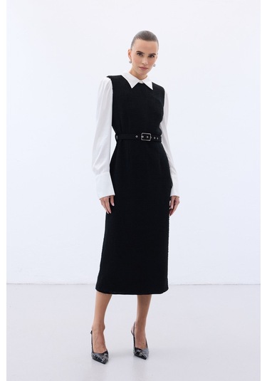 Sateen Kemerli Tüvit Elbise - Siyah-136575 Siyah
