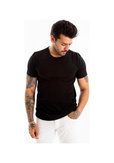 Deepsea Siyah Erkek Dar Kesim Basic Tişört 1801131-Siyah