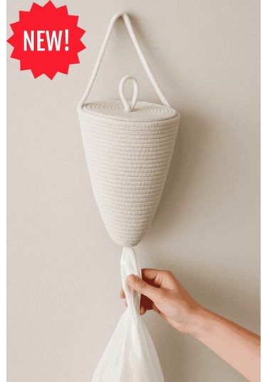 Poşetlik Halat İp El Dokuma Duvar Askılı Saklama Torbası Ev Düzenleme Aksesuarı Sepet 30 X 20 Cm Krem