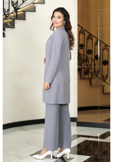 Parla Ceket Pantolon Şık Tesettür Takım Gri