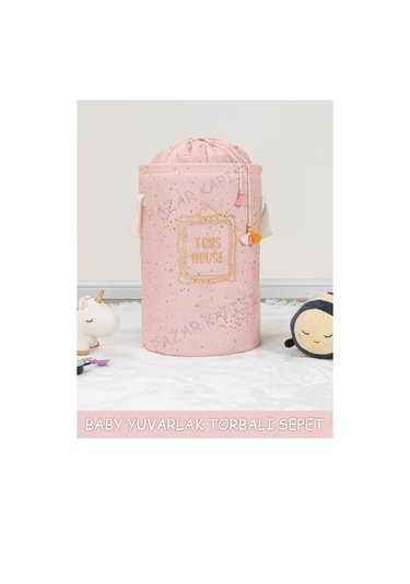 Baby Yuvarlak Torbalı Bebek Kirli Çamaşır Sepeti Pembe