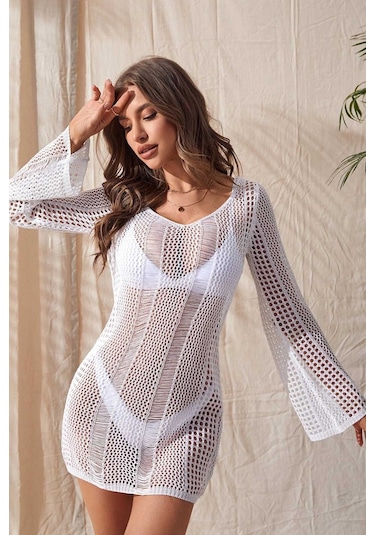 Angelsin Örme Pamuk Uzun Kollu Pareo Plaj Elbisesi Kimono Kaftan 001