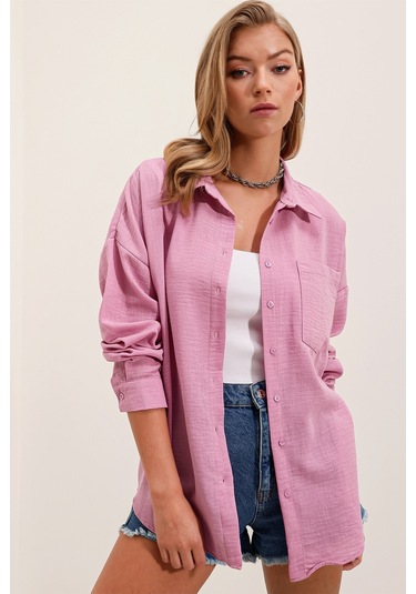 20153 Tek Cepli Oversize Gömlek - Pudra 001