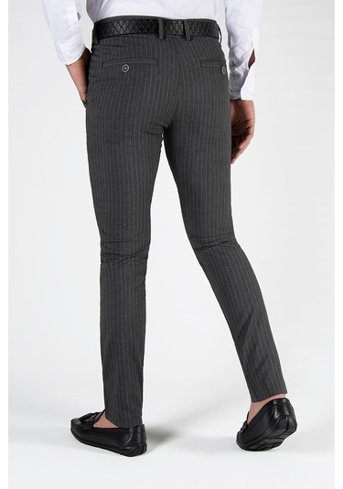Füme Çizgili Slim Fit Pamuklu İtalyan Kesim Pantolon Koyu Gri