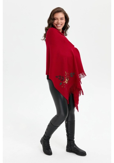 Desen Triko Kadın Papatya İşlemeli Püsküllü Yün Şal 24028 K.kırmızı K.kırmızı Kırmızı