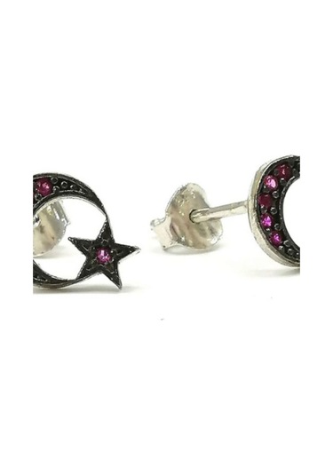 Omar Silver Kadın Ayyıldız Model Fuşya Zirkon Taşlı Çivili Gümüş