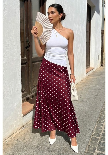 Madmext Bordo Puantiyeli Maxi Kadın Saten Etek Mg2725