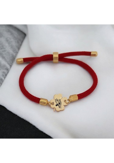 Çiçek Figürlü Örgü İpli 14 Ayar Altın Plakalı Serbest Sembollü Hediye Bileklik-324sembol-kırmızı Altın