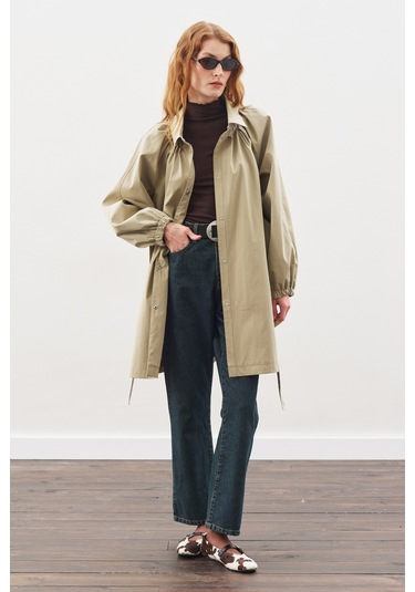 Oversıze Bağlamalı Midi Trençkot Haki Haki