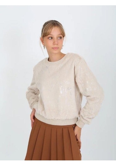 Kız Çocuk Peluş Işıltılı Kazak-14813 Bej