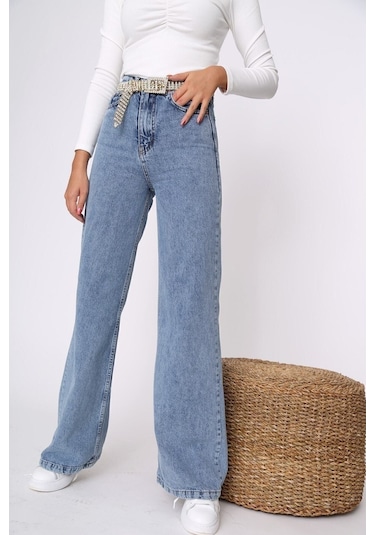 Lavajeans Behc Kadın Orta Mavi Likralı Süper Yüksek Bel Geniş Paça Jean Mavi