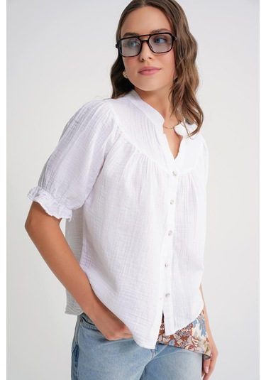 4725 Kadın Büzgü Robalı Kolu Fırfırlı Müslin Gömlek Beyaz Beyaz