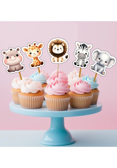 15adet Safari Orman Hayvanları Konsept Cupcake Kürdanı Pasta Kürd