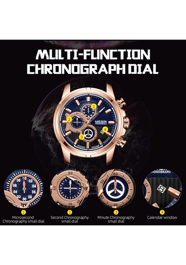 Megir 2101 İş Quartz Spor Erkek İzle 3atm Su Geçirmez Büyük Kadran Geniş Yüzlü Kol Saati Mikrosaniye Saniye Dakika Kronograf Alt Kadranlar Takvim Saat Erkekler İçin Silikon Kayış İle Çok Renkli