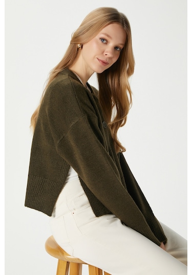 Kadın Keep Yan Yırtmaçlı Yumuşak Dokulu Haki Basic Triko Hırka 70145 Haki