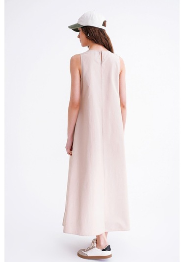 4690 Kadın Bisiklet Yaka Sıfır Kol Midi Paraşüt Elbise Taş Taş