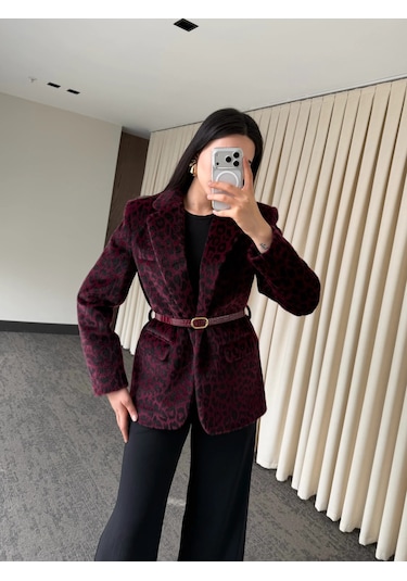 Laluvia Bordo Leopar Kemerli Ceket - 9614 Bordo