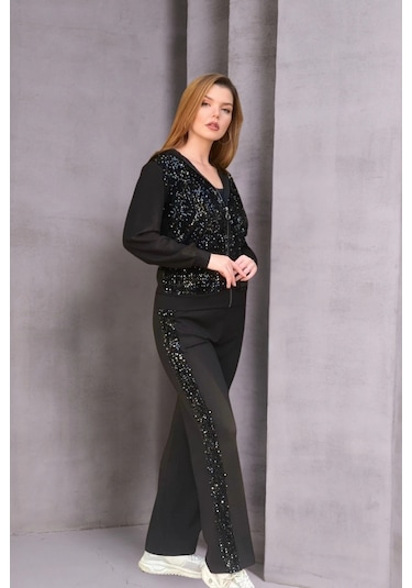 Pullu Fermuarlı Takım Siyah