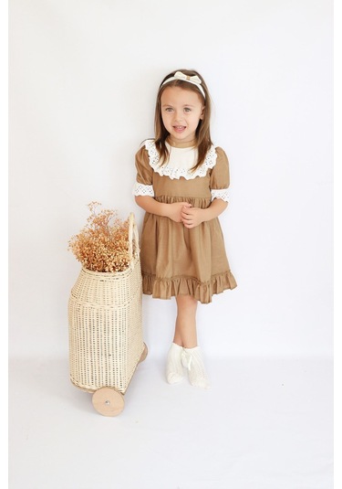 Kız Çocuk Ruby Kahverengi Fırfırlı Dantel Detaylı Kısa Kollu Elbise Bandana Takım Elb-0070.16 Kahverengi
