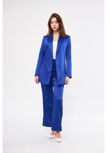 Kuşaklı Saten Takım Saks Saks