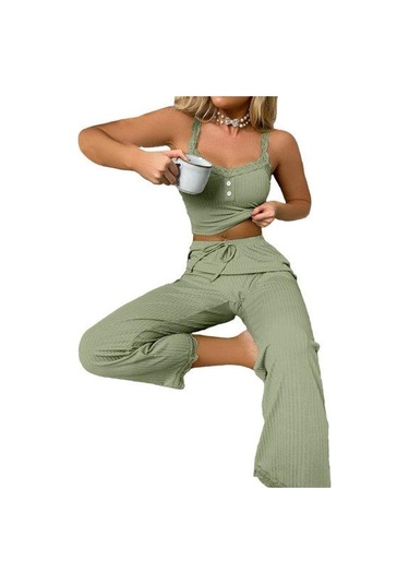 Yeşil 2 Adet/Takım Pantolon Üst Takım Dekolteli V Yaka Kolsuz Düz Renk Büzgülü İpli Yüksek Elastik Bel Dantel Kadın Yaz Pijama Takımı Gecelik Yeşil Yeşil 2 Adet/Takım Pantolon Üst Takım Dekolteli V Yaka Kolsuz Düz Renk Büzgülü İpli Yüksek Elastik Bel Dantel Kadın Yaz Pijama Takımı Gecelik Yeşil
