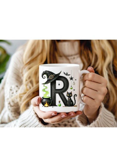 R Harfli Halloween Kedili Figür Kupa Bardak - Şapkalı Ve Kazanlı İsme Özel Kupa - Hediye 07 Beyaz