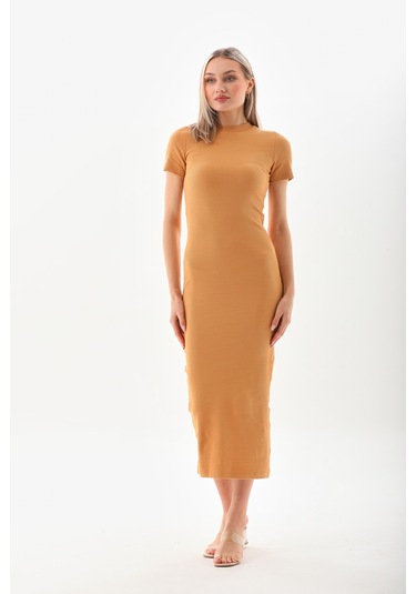 Hardal Kısa Kollu Diz Altı Fitilli Esnek Kalem Elbise - 130 Cm Hardal