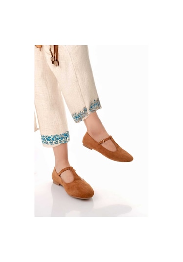 Siyah Süet T-strap Mary Jane Tasarım Babet Taba Tarçın