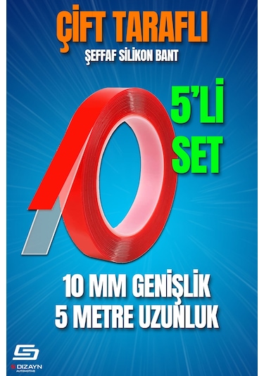 S-dizayn Çift Taraflı Bant 10mm X 5 Metre 5'li Paket Şeffaf Silikon Vhb Bant A+kalite 10 MM x 33 M