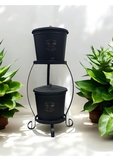 Magic Objects 2 Katlı Metal Büyük Boy Patates Soğan Kovası Kabı Sebzelik Patateslik Soğanlık Sepeti Siyah Siyah