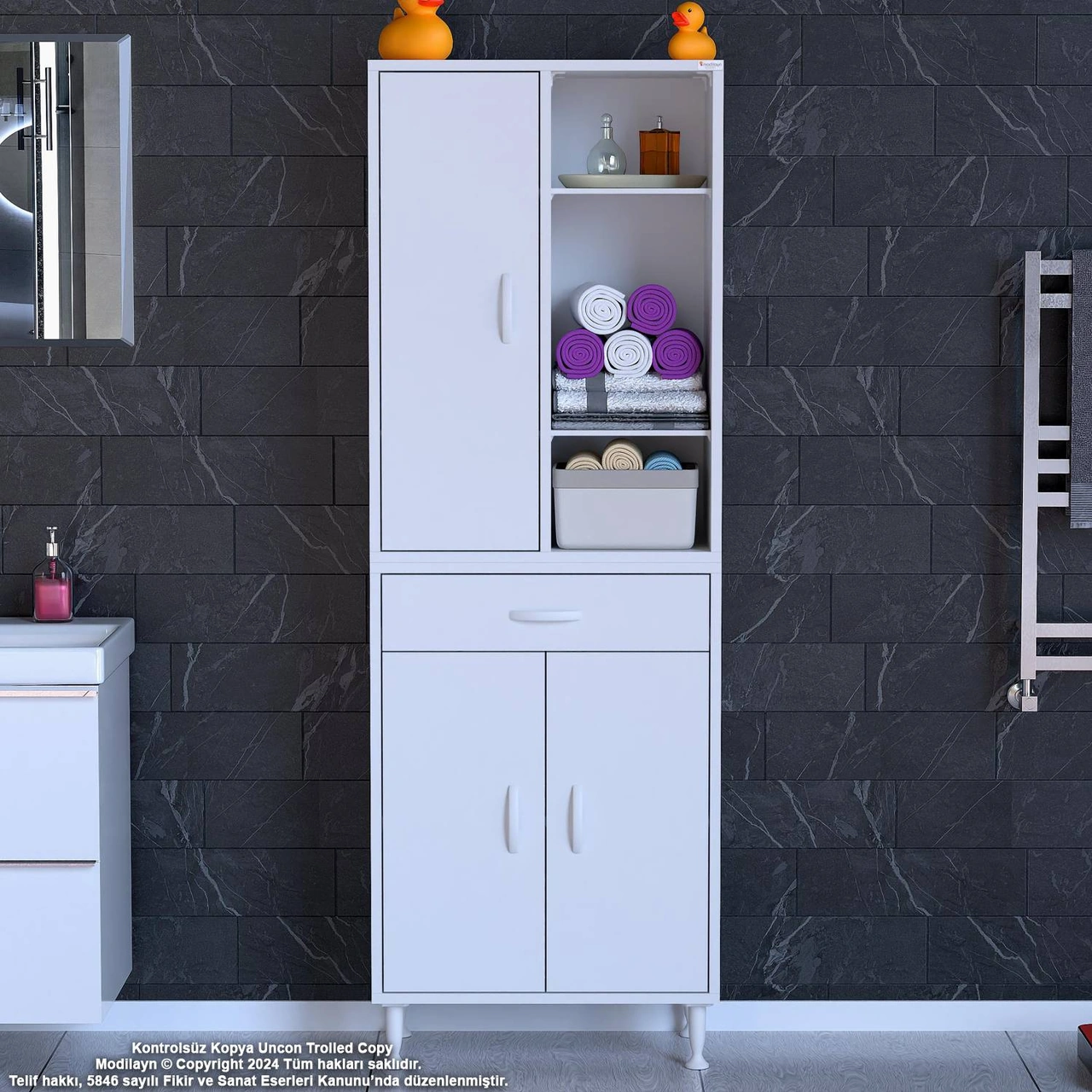 Kayra Banyo Ve Mutfak Dolabı Çok Amaçlı Dolap Tek Çekmece 3 Kapak 5 Raf 8 Bölme 55x173x32,5 Cm Beyaz