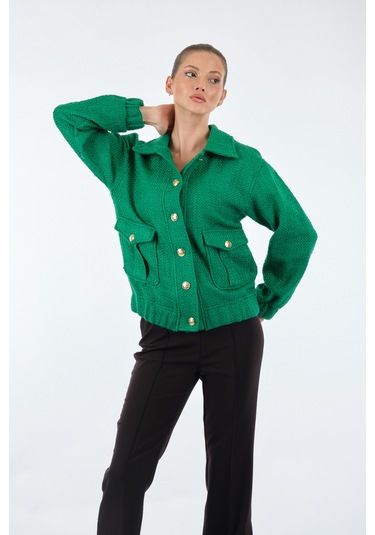 Unique Mode Düz Yaka Cepli Düğmeli Uzun Kollu Kadın Ceket U Yeşil