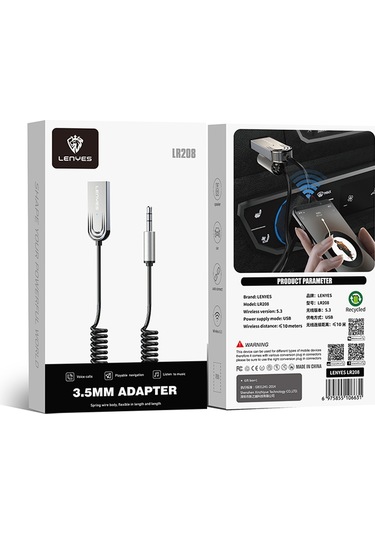 Lenyes Lr208 Spiral Kablolu Dahili Mikrofonlu Kablosuz Ses Alıcı Aux Bluetooth V5.3 Adaptör Gümüş