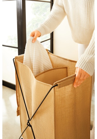 Ocean Home Textile Katlanabilir Bölmeli Siyah Metal Destekli Naturel Jüt Çamaşır Sepeti 44 x 29.5 x 63 cm