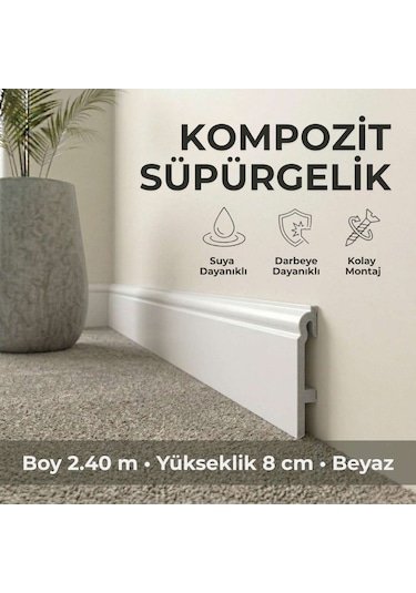 Espumo Kompozit Süpürgelik 8 cm Beyaz | Suya Dayanıklı Parke Duvar Süpürgelik 2,40 m ESP301