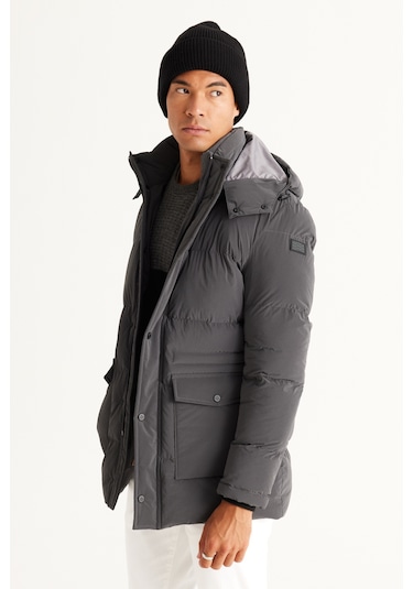 AC&Co / Altınyıldız Classics Erkek Antrasıt Standart Fit Normal Kesim Çıkma Kapüşonlu Kaban Antrasit